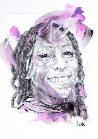a drawing of a woman with dreadlocks and purple paint