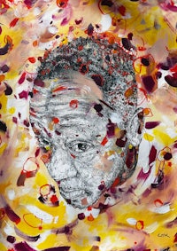 a painting of a man with red and yellow swirls
