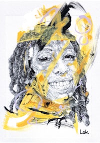 a drawing of a woman with dreadlocks and yellow paint