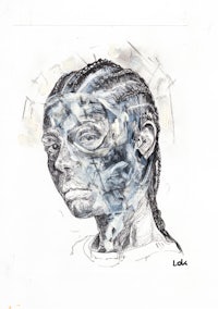 a drawing of a woman with a blue face