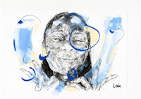 a drawing of a woman with blue circles on her face