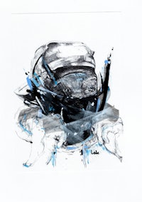 a black and white drawing of a man in a hat