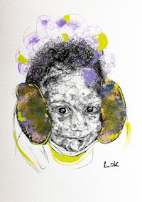 a drawing of a baby wearing ear muffs