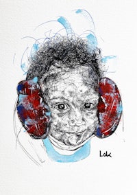 a drawing of a baby wearing ear muffs