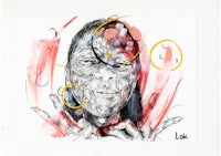 a drawing of a woman with yellow circles on her face