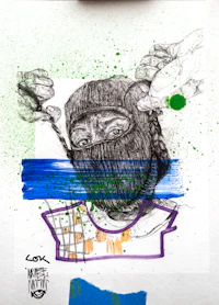 a drawing of a man with a mask on his face