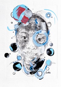 a drawing of a woman with blue bubbles around her head