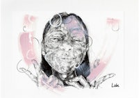 a drawing of a woman with a pink face