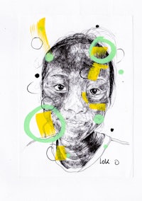 a drawing of a woman with yellow circles around her face