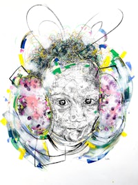 a drawing of a baby wearing headphones