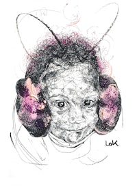 a drawing of a baby wearing headphones
