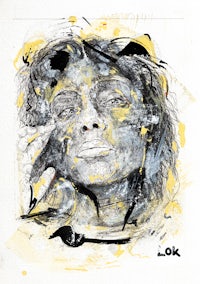 a drawing of a woman's face in yellow and black