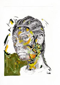 a drawing of a woman with yellow and green paint on her face