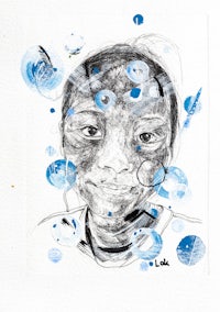 a drawing of a boy with blue bubbles on his face