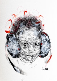 a drawing of a child wearing headphones