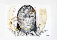 a drawing of a woman with yellow circles on her face