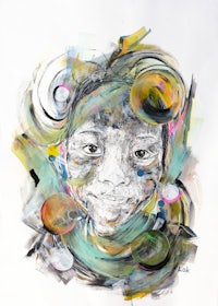 a painting of a girl with colorful circles on her face