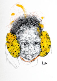 a drawing of a baby wearing earmuffs