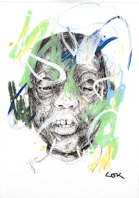 a drawing of a man with green and blue paint on his face