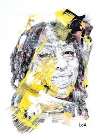 a portrait of a woman with dreadlocks and a yellow background