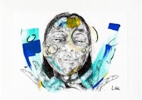 a drawing of a woman with blue and yellow circles on her face