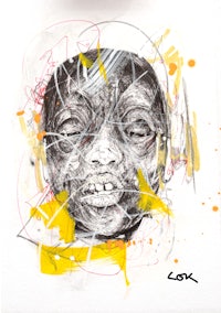 a drawing of a face with yellow splatters on it