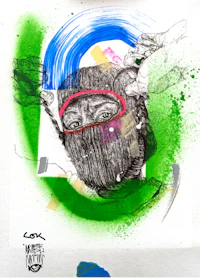 a drawing of a man with a mask on his face