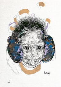 a drawing of a baby wearing headphones