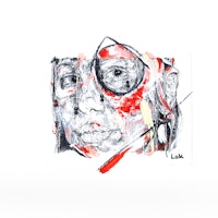 a drawing of a woman with red eyes