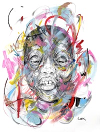 a painting of a child with colorful paint on it