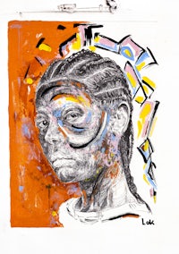 a drawing of a woman with an orange background